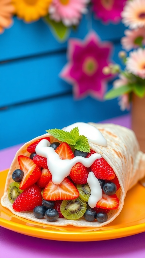 Juicy Daydreamer Bag filled with fresh fruits in a tortilla, garnished with yogurt and mint.